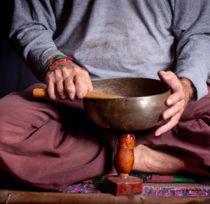 Hombre sentado tocando un cuenco tibetano 7 metales